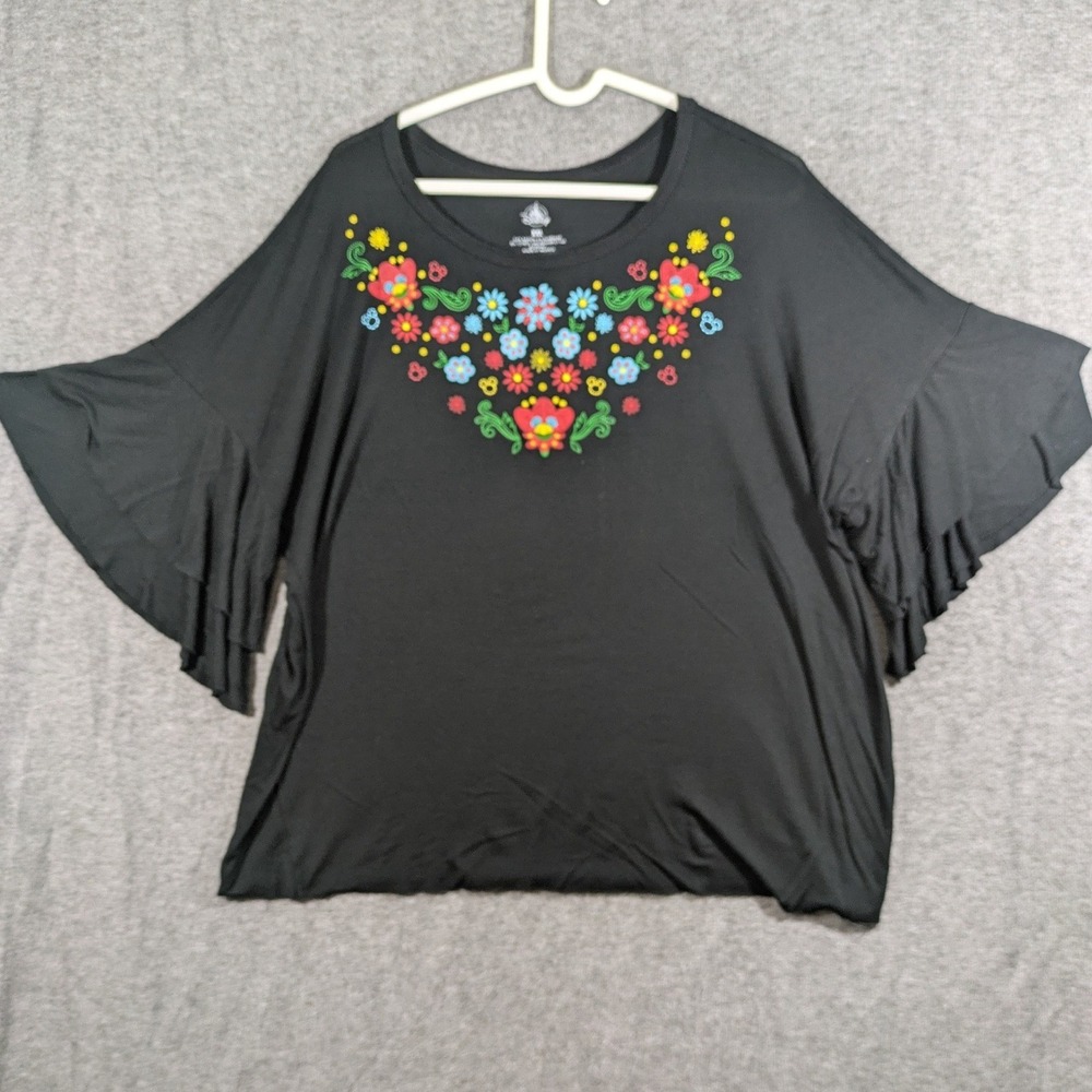 Disney Womens Black‎ Embroidered Flower Ruffled 3/4 Sleeve Shirt Size XXL